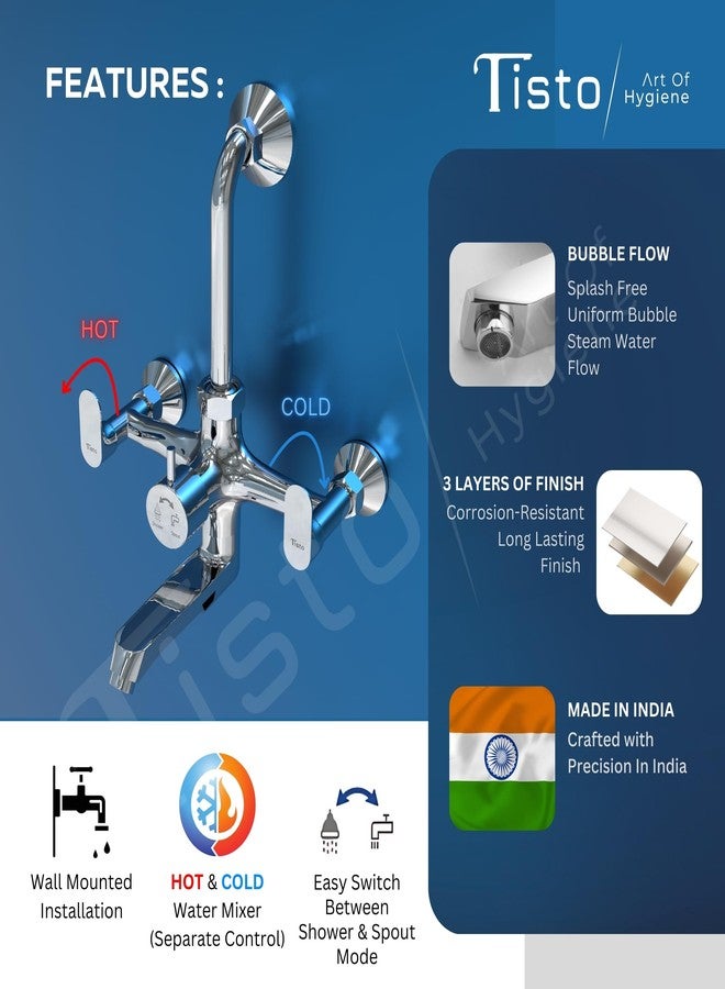 Tisto 10 Year Warranty Wall Mixer for Bathroom 2 in 1 Complete Set with Provision Long L Bend Pipe for Shower, Suitable for Hot Cold Water, Mixture Tap for Bathroom, Full Brass - Image 3